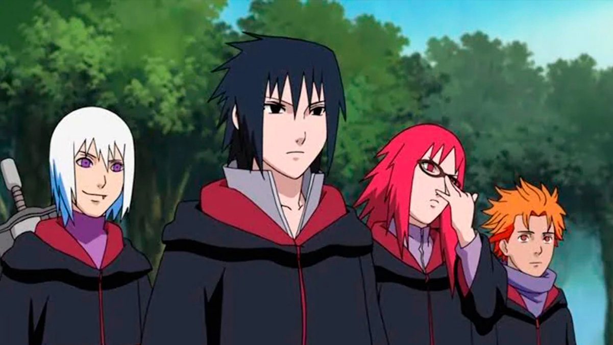 El grupo Taka de Sasuke usando uno de los peores vestuarios de Akatsuki en Naruto.