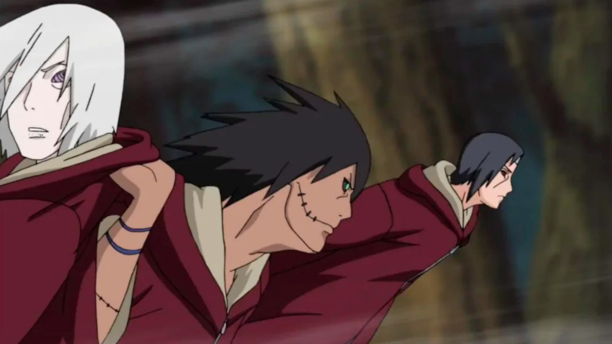 Los Akatsuki resucitados usando feos vestuarios rojo vinotinto mientras viajan hacia Naruto. 
