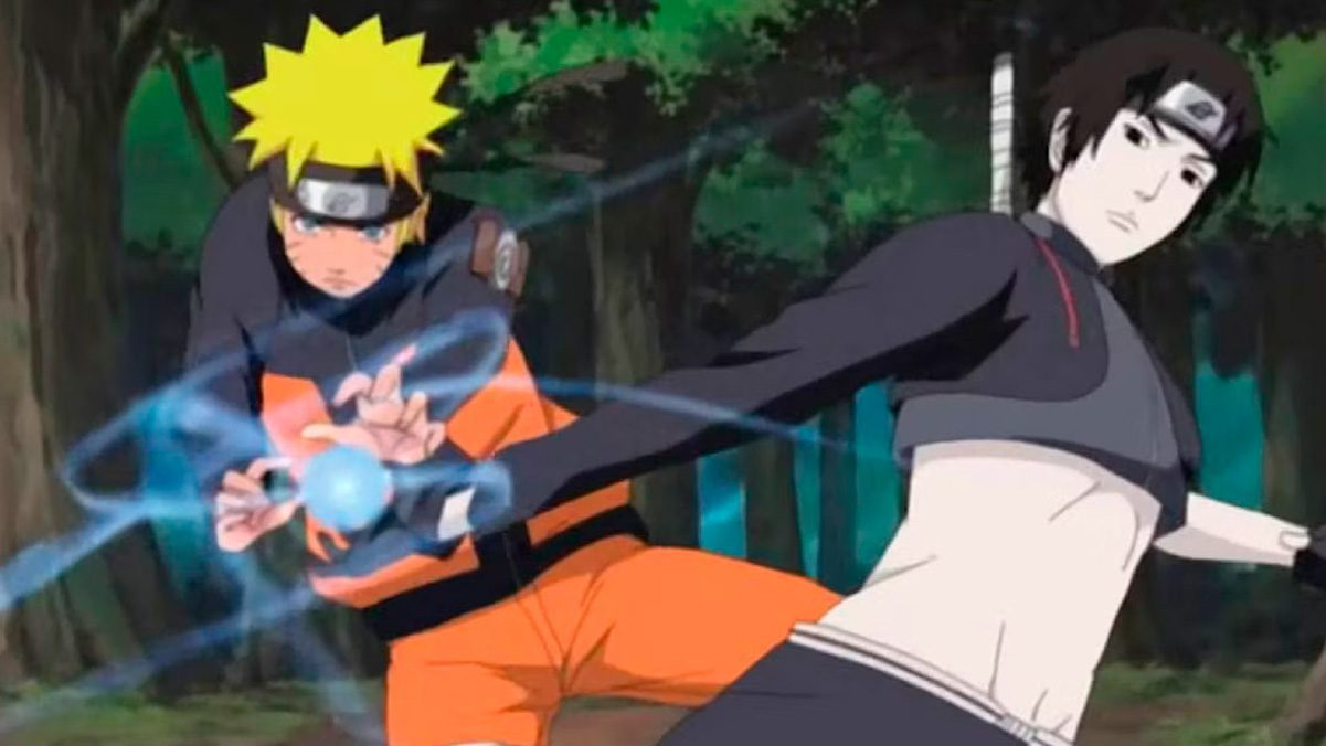 Sai usando un vestuario de top corto mientras hace un ataque con Naruto.